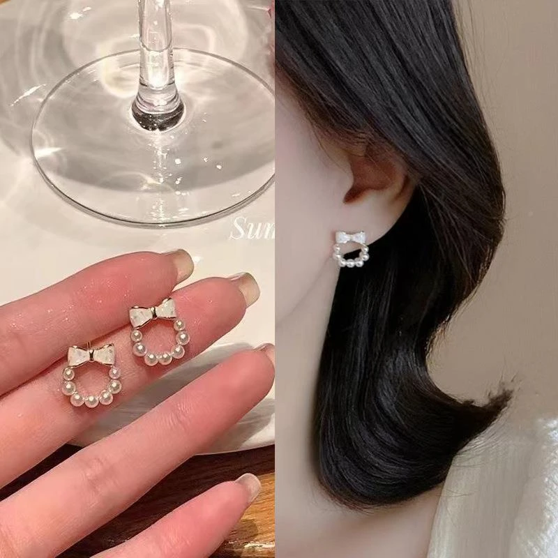 S925银时尚气质蝴蝶结珠珠耳钉女小巧简约精致耳环甜美