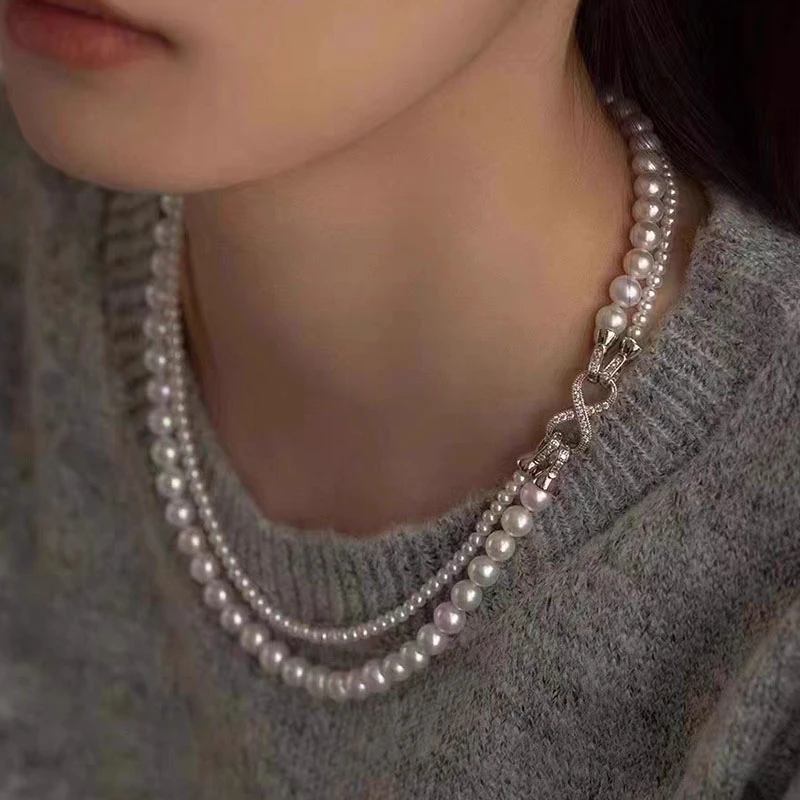 双层叠戴DIY项链贝珠正圆高光高亮毛衣链经典百搭锁骨链