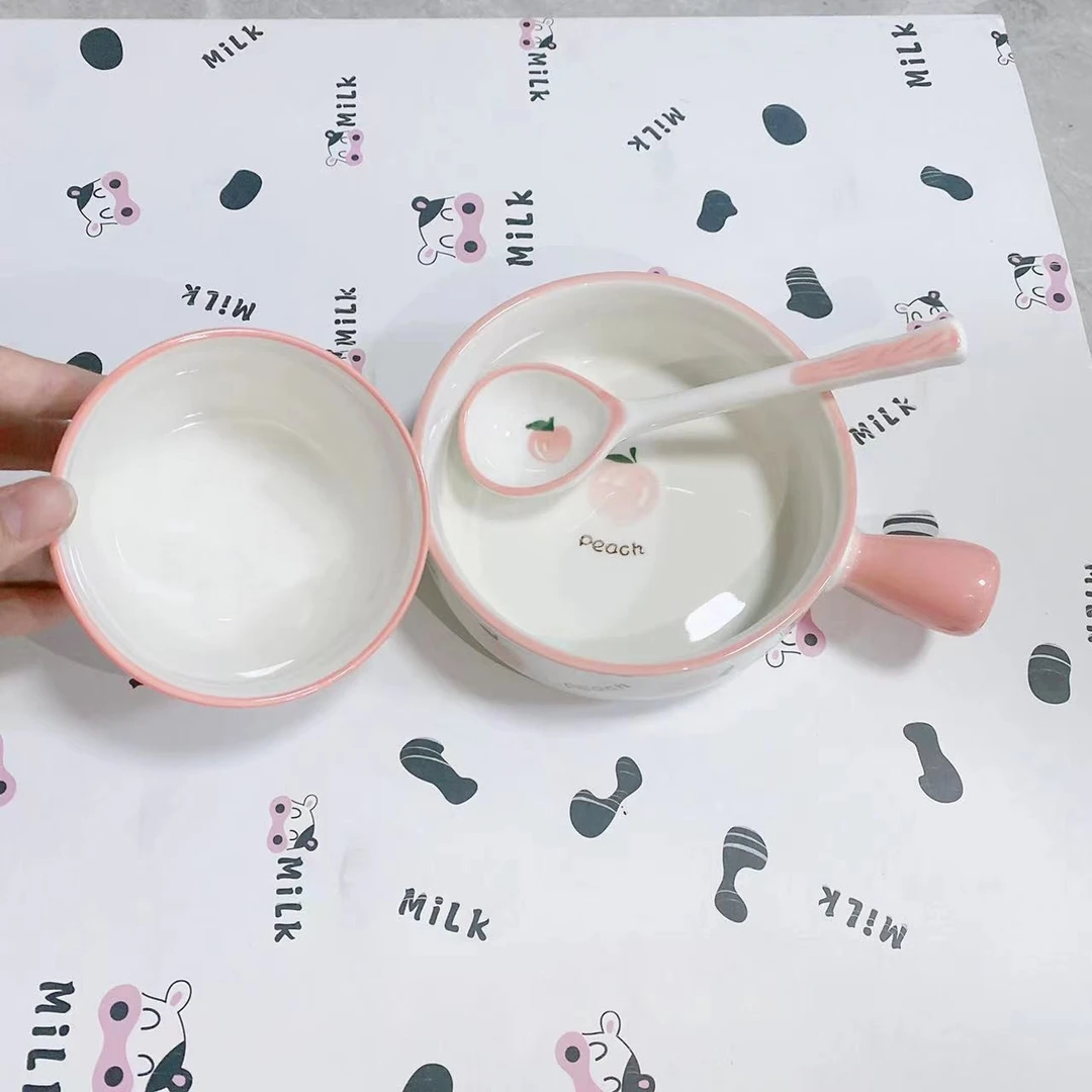 【粉盟福利】水蜜桃沙拉碗餐具套装陶瓷米饭碗带勺子【三件套】餐碗