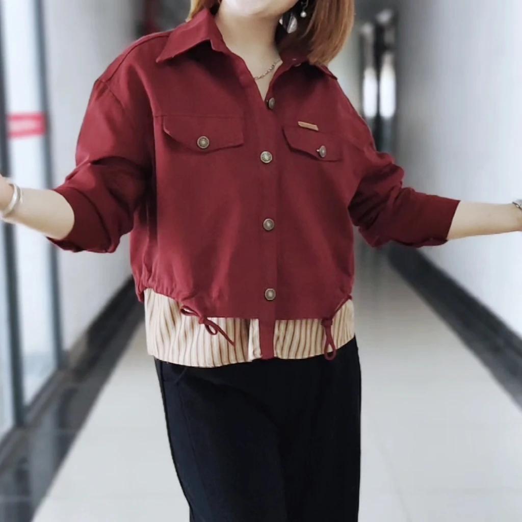 春秋新款韩版假两件夹克宽松小个子风衣高级感上衣牛仔短款衬衣