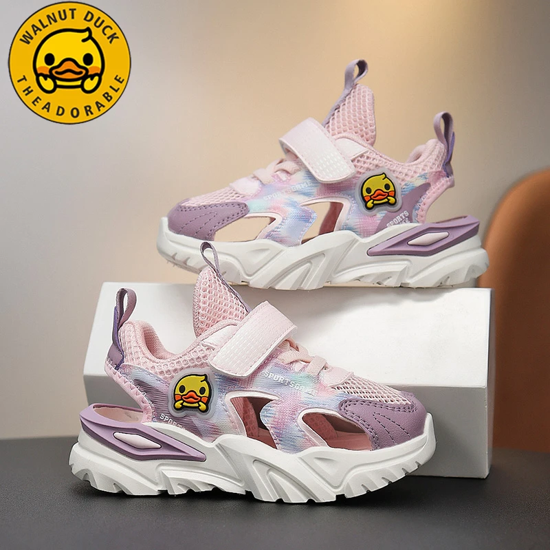 小黄鸭女童夏季新款小童镂空单网透气软底防滑运动框子包头凉鞋