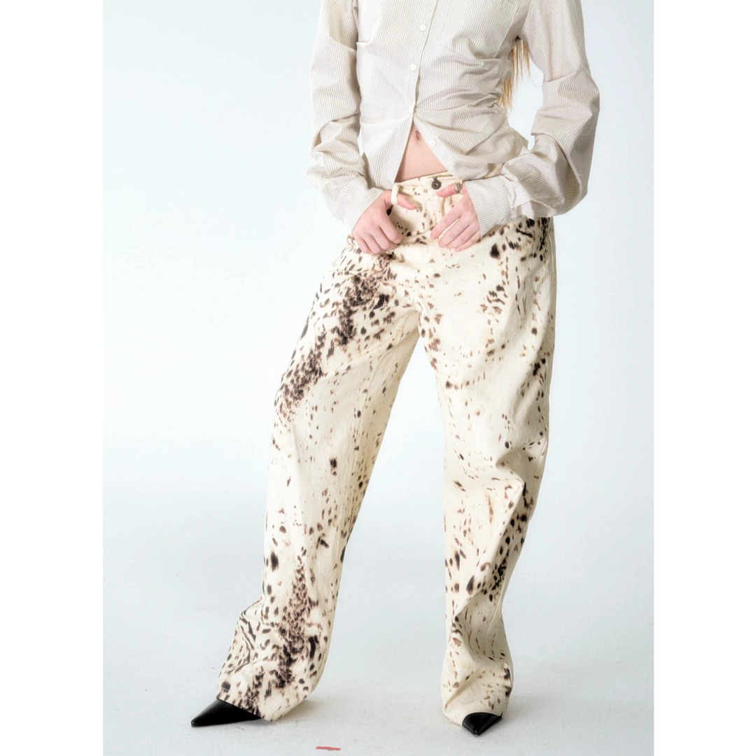 Razorr 杏色动物纹印花直筒牛仔裤辣妹宽松阔腿拖地长裤