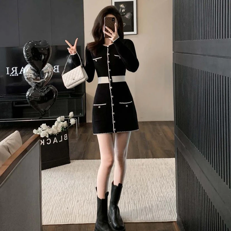 法式小香风长袖连衣裙小个子女生修身内搭打底裙黑色显瘦针织短裙