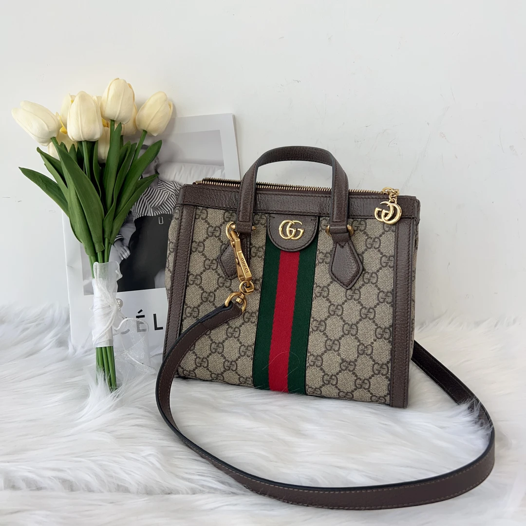 95新 GUCCI/古驰 古驰老花条纹百搭款单肩包