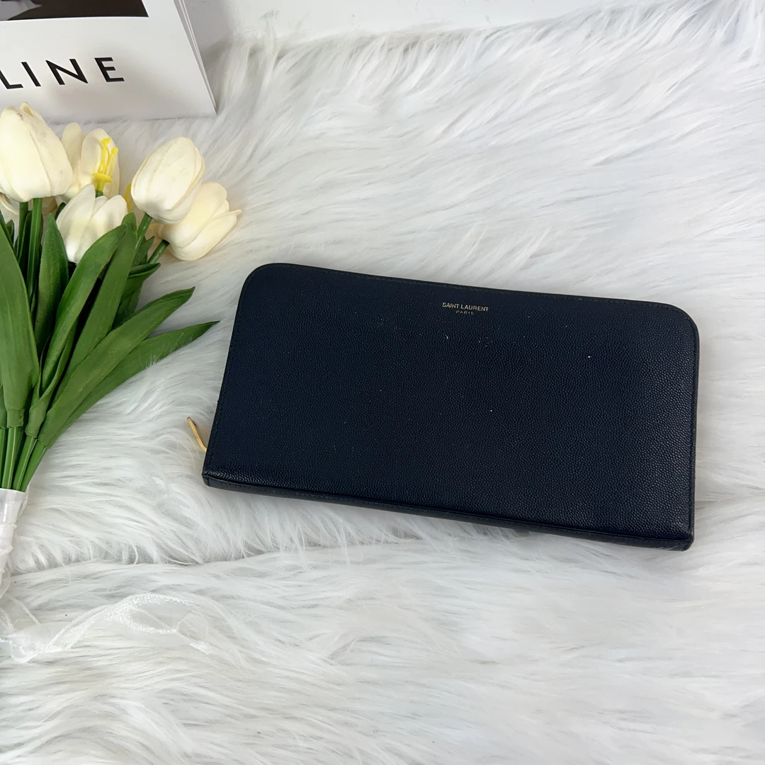 95新 YSL/圣罗兰 圣罗兰深蓝色鱼子酱纹钱包