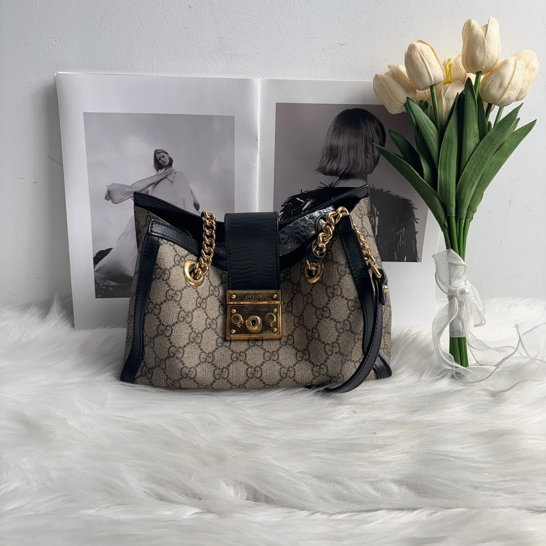 95新 GUCCI/古驰 古驰 百搭款黑皮拼老花小三包
