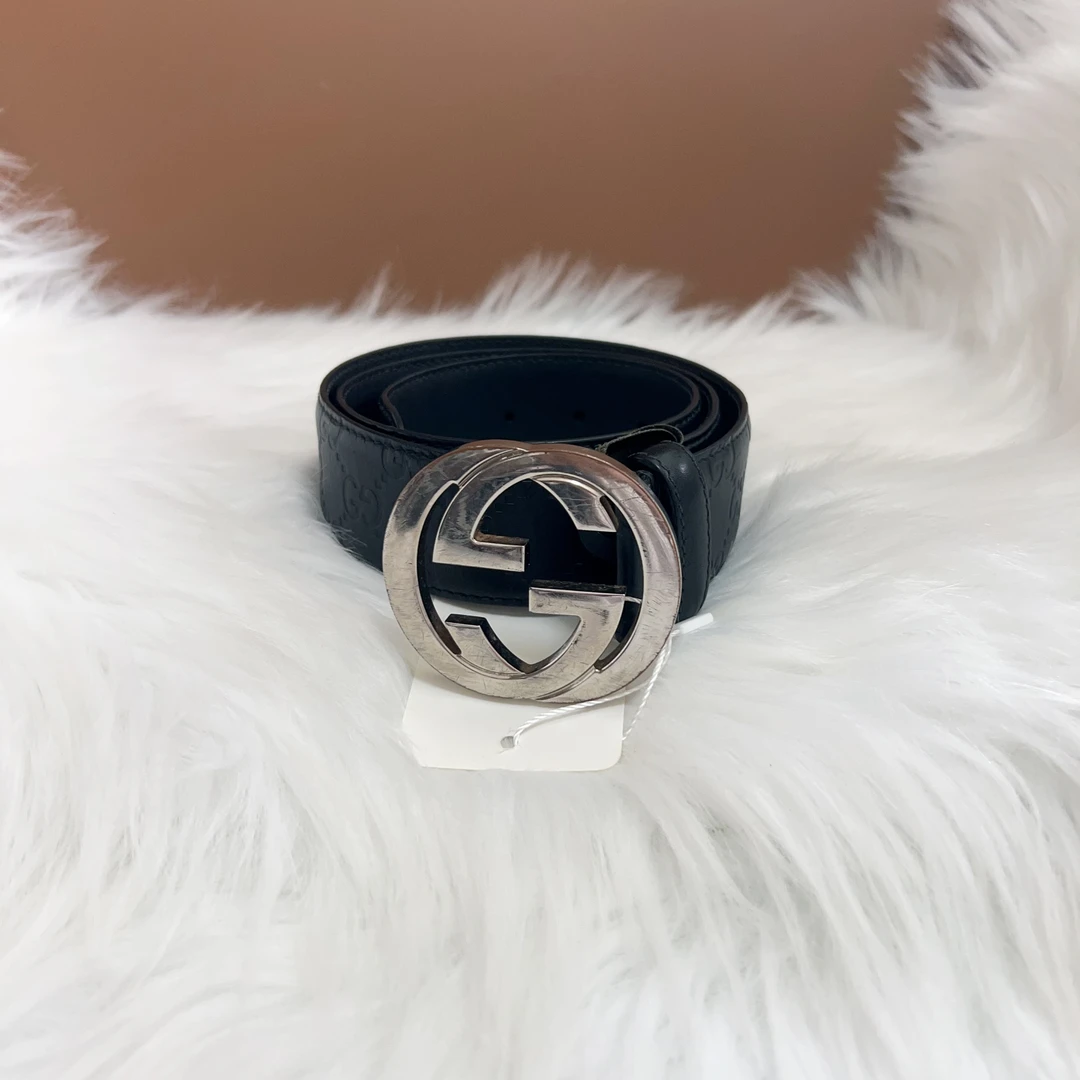 95新 GUCCI/古驰 古驰黑色小款银logo时尚百搭腰带
