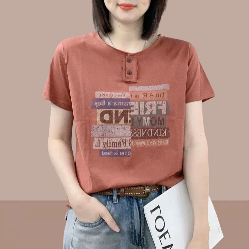 休闲短袖t恤女夏2024新款时尚字母印花百搭圆领韩版宽松显瘦上衣