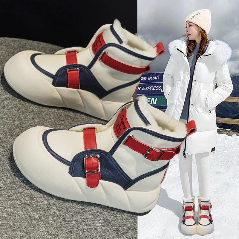 万达撤柜头层牛皮雪地靴女皮毛一体2025冬季面包厚底显瘦高帮棉鞋