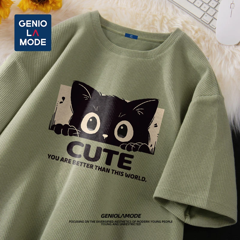 GENIOLAMODE短袖t恤男美式潮牌体恤夏告白穿搭潮牌华夫格五分袖t