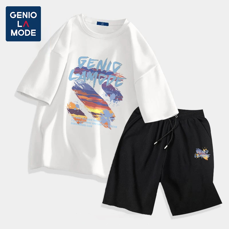 GENIOLAMODE纯棉短袖t恤男夏季潮牌帅气学生时尚休闲百搭短裤套装