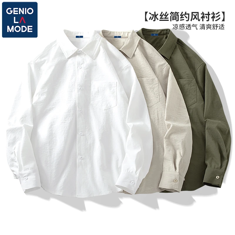 GENIOLAMODE白衬衫高级感男装春夏凉呼呼休闲上衣男日系长袖衬衣