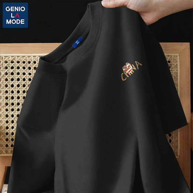 GENIOLAMOD短袖男夏季薄款纯棉t恤国风醒狮复古大码半截袖男士潮