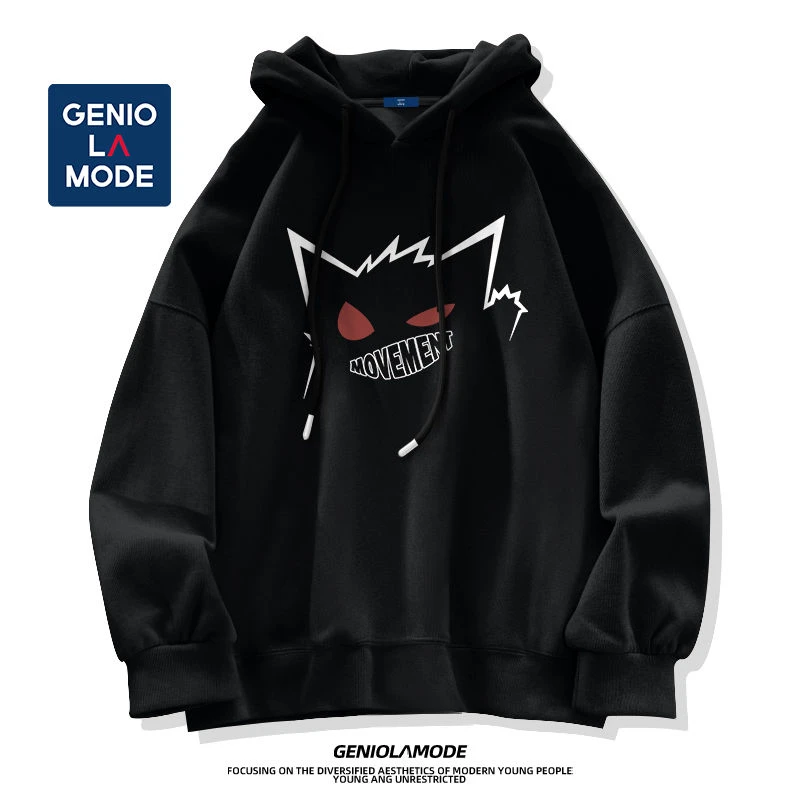 GENIOLAMODE黑色卫衣男秋季潮牌小恶魔外套美式宽松上衣