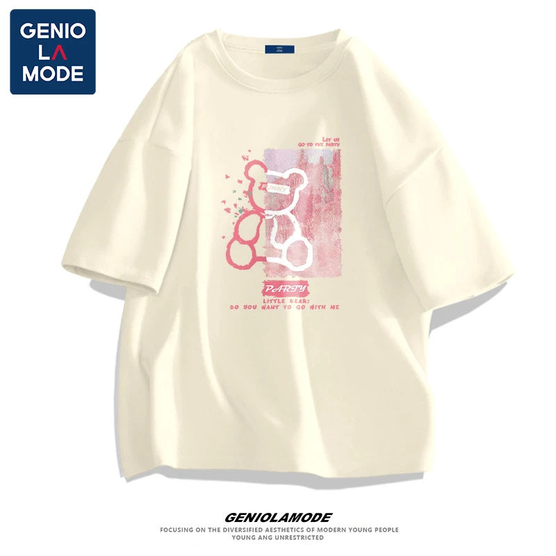 GENIOLAMODE情侣款男士纯棉短袖t恤2025夏季新款油画熊大码宽松潮