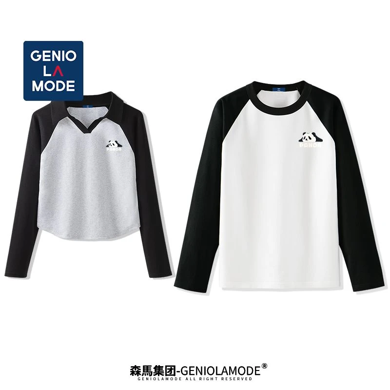 GENIOLAMODE撞色长袖t恤百搭潮牌男春秋季国潮复古熊猫印花上衣女