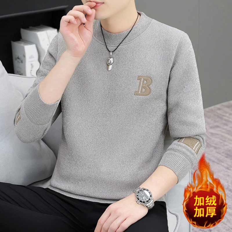 男士秋冬季爆款一体天鹅绒圆领百搭针织毛衣保暖休闲修身长袖加绒