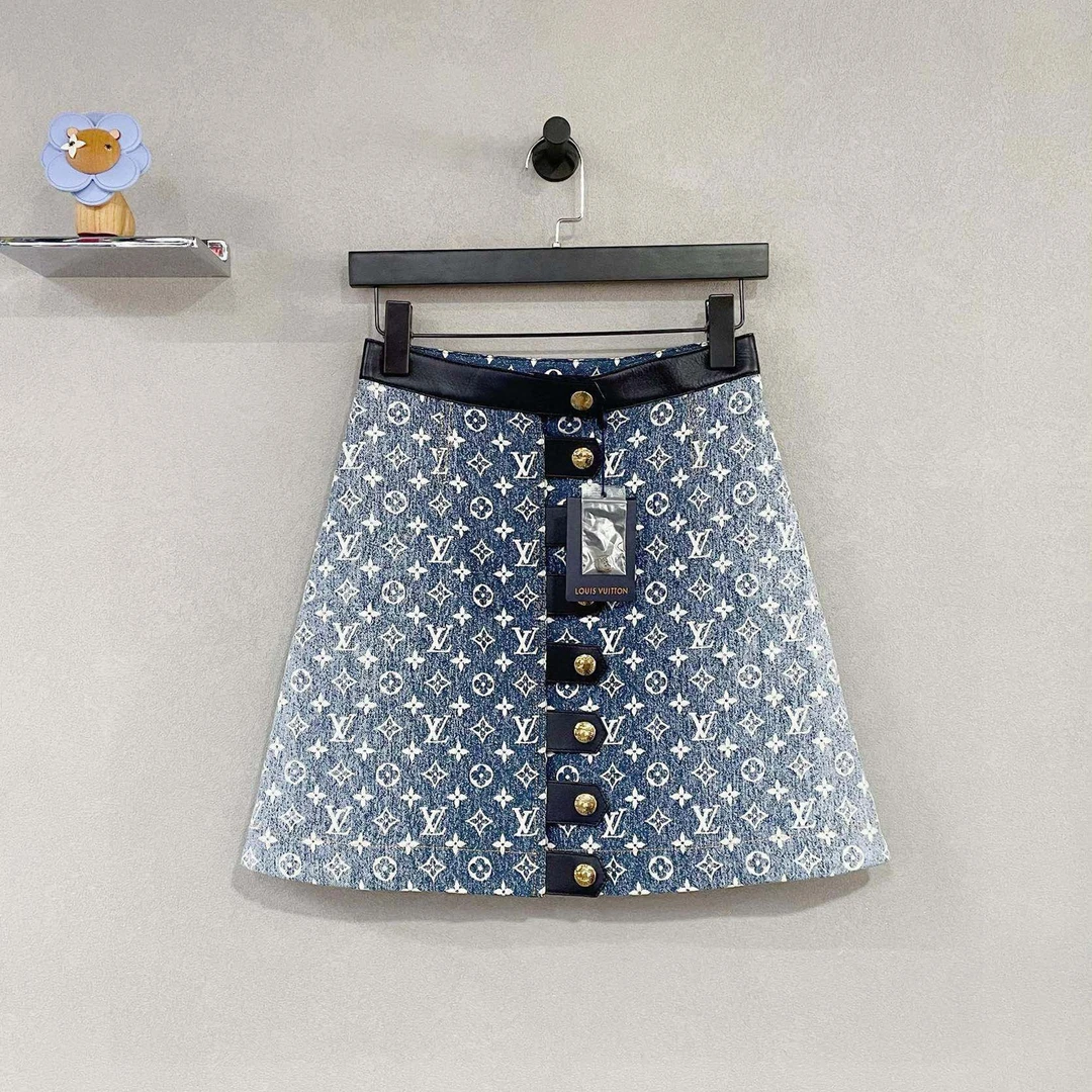 LouisVuitton/路易威登满印老花蓝色牛仔A字裙 百搭时尚