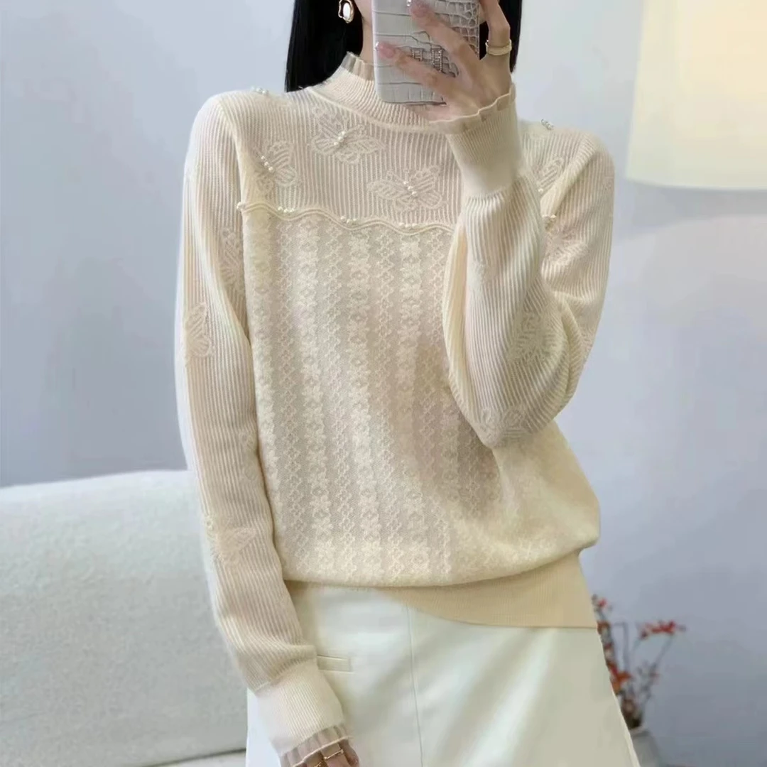 550【三连珠米白】长袖针织衫夏季款