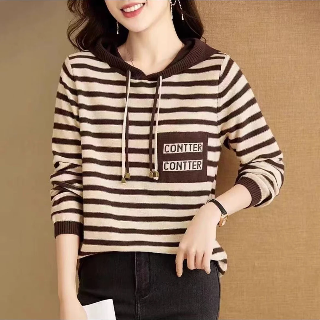 559【咖色双排字母帽衫】秋懂2024新款外穿针织衫女