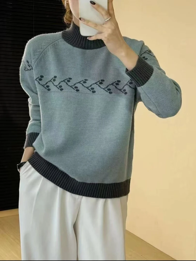 657.【肩部花朵提花】高级感气质针织女毛衣