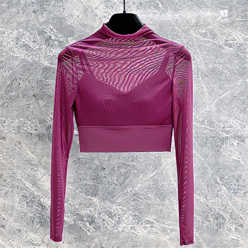 瑜伽长袖女网纱性感修身显瘦网红仙气气质弹力速干外穿长袖运动衣