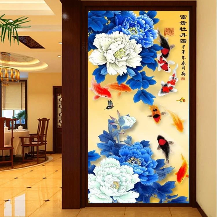 【真彩】花开富贵（九鱼牡丹）十字绣57色满绣无勾边105X216cm