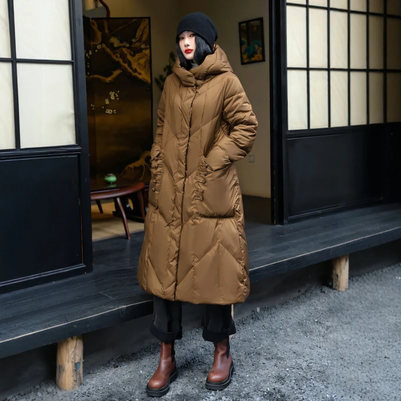 大码24加厚鸭绒盘扣长款冬季新外套羽绒服复古白中式国风保暖连帽