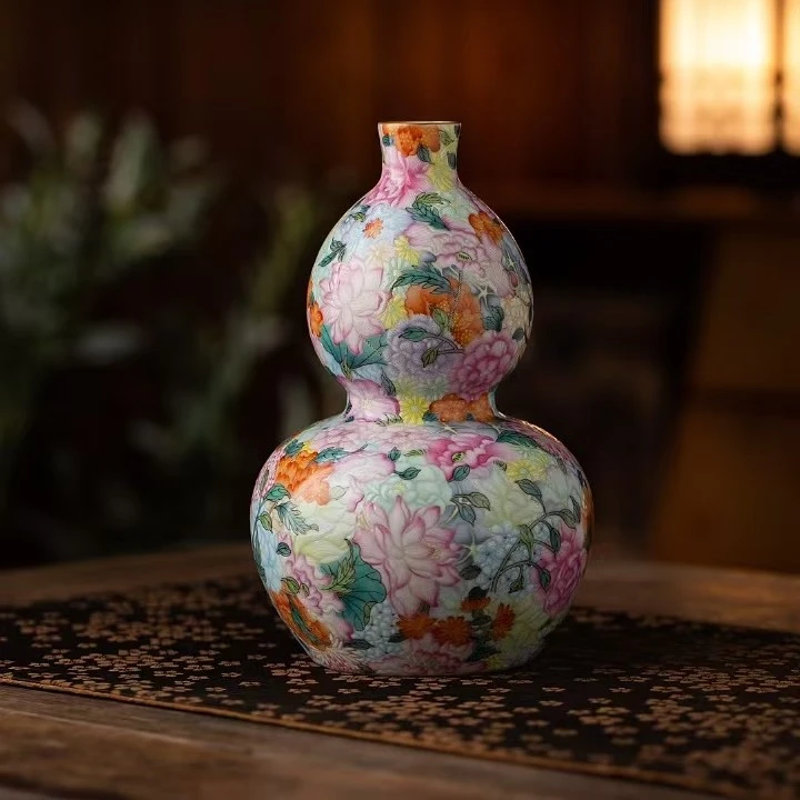 乾隆本款陶瓷珐琅彩万花描金赏瓶中式家居客厅瓷器摆件古董古玩