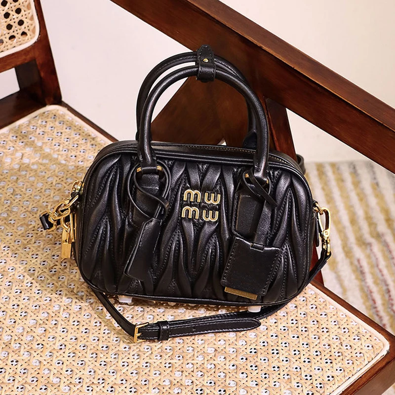 羊皮保龄球包小众真皮大容量褶皱枕头包波士顿手提包斜挎秋冬女士