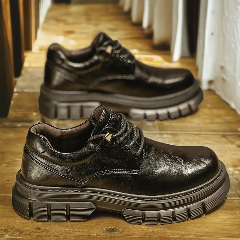 公牛世家皮鞋男士秋季厚底工装大头男鞋低帮英伦休闲商务马丁靴男