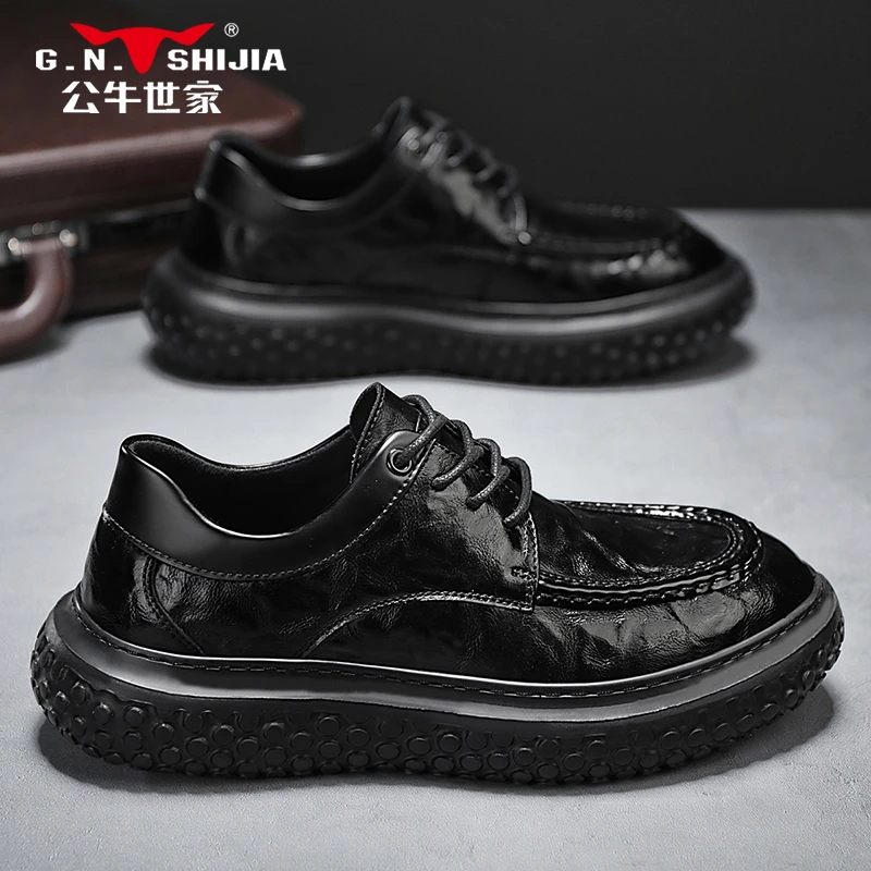 公牛世家男士皮鞋新款百搭商务休闲皮鞋男厚底增高英伦风低帮潮鞋