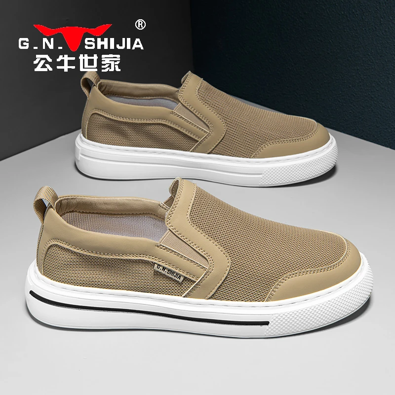 公牛世家布鞋男款夏季网布透气防臭一脚蹬鞋懒人休闲厚底板鞋男士