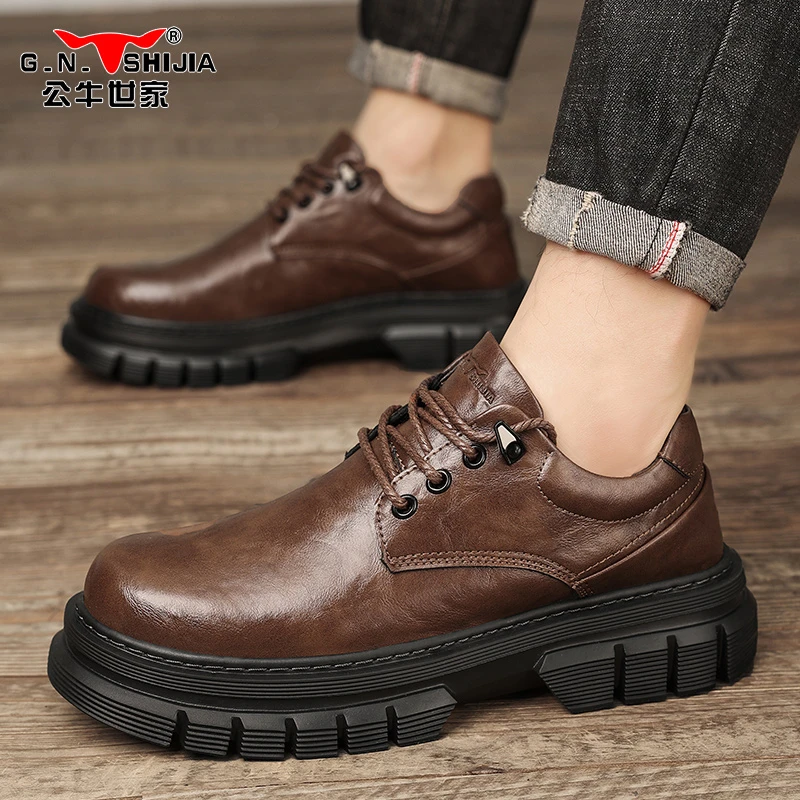 公牛世家德比鞋男士秋季厚底增高工装鞋棕色宽头英伦休闲皮鞋男款