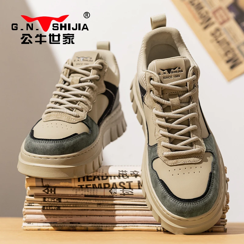 公牛世家男鞋秋冬季中帮运动工装马丁靴加绒棉鞋厚底高帮休闲板鞋