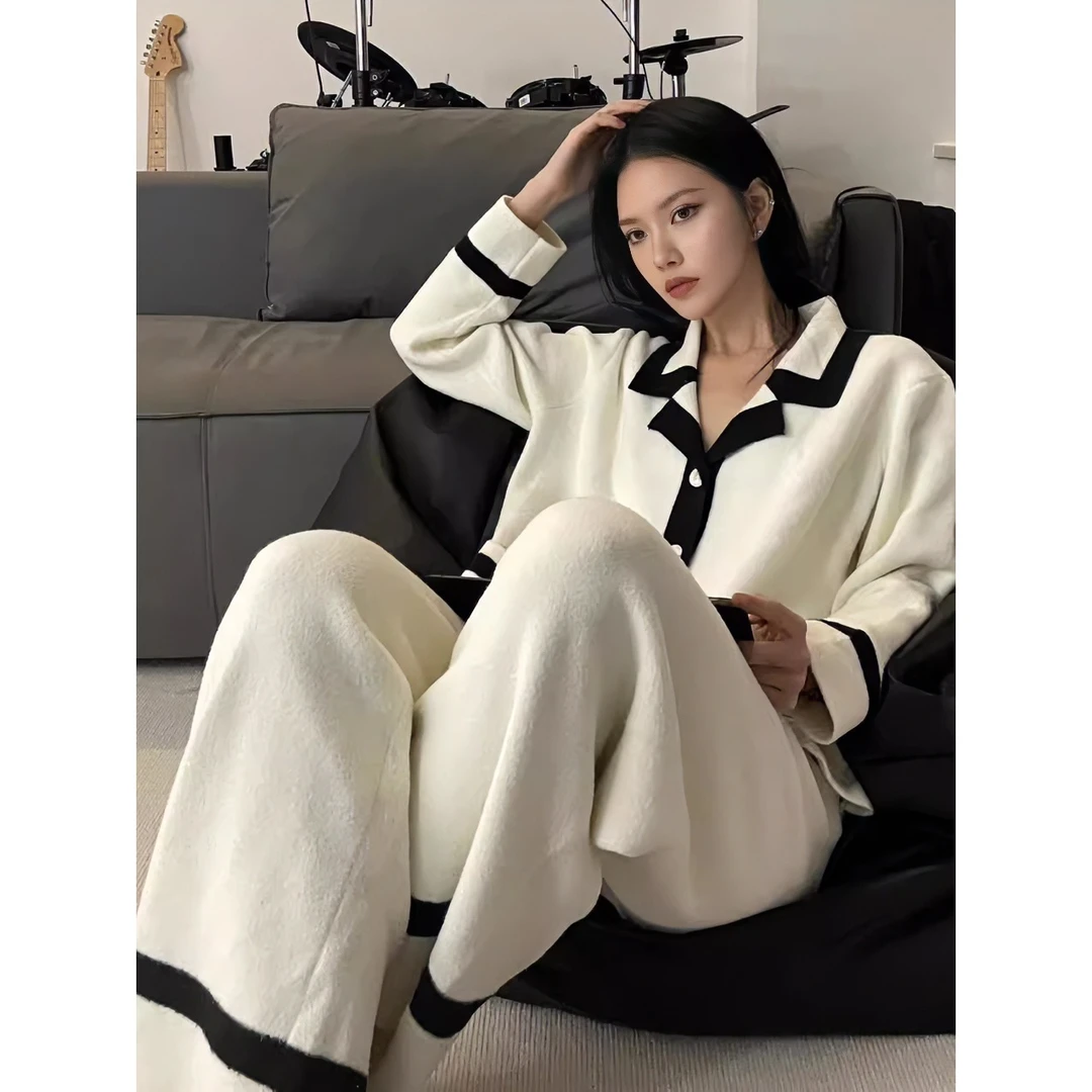 韩版简约高级感撞色半边绒睡衣女冬季新款加厚毛绒家居服套装大码