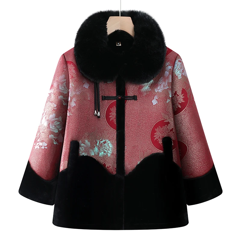 7688妈妈装冬季加绒保暖洋气大毛领棉衣外套奶奶棉衣李亚