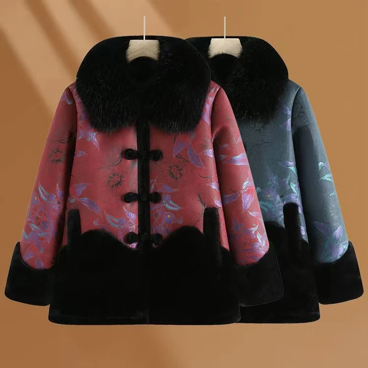 7643新中式妈妈冬装外套加绒加厚中老年人女款大衣短款龙资源