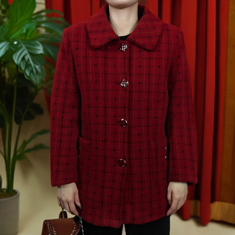 7381 中老年秋冬装加绒外套女奶奶毛呢格子上衣