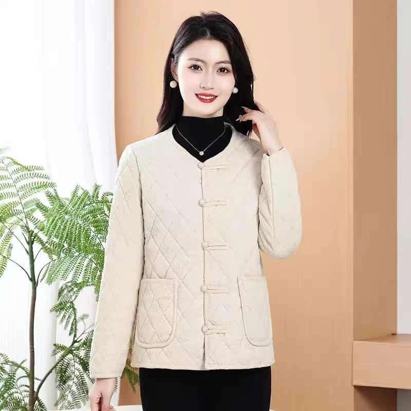 7450-中年女秋冬季妈妈装加绒加厚休闲百搭无领棉衣外套