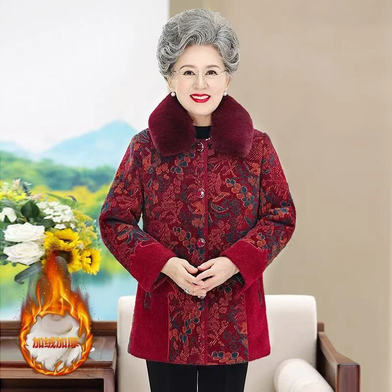 7554 冬季加绒加厚外套女装妈妈棉袄奶奶装毛呢大衣 五楼东