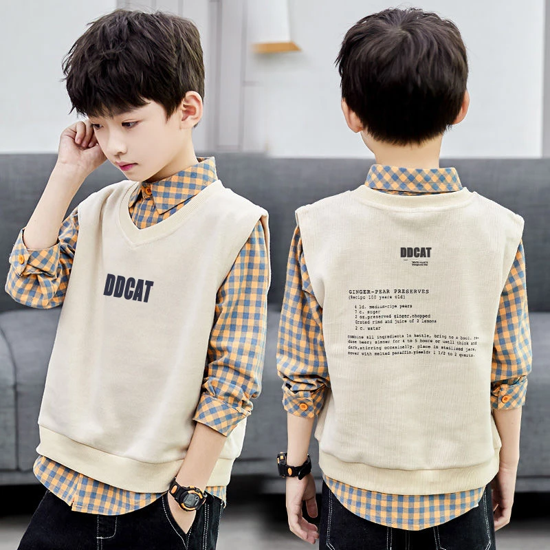 男童衬衫马甲两件套2023新款春秋中大童洋气秋装格子长袖帅气衬衣