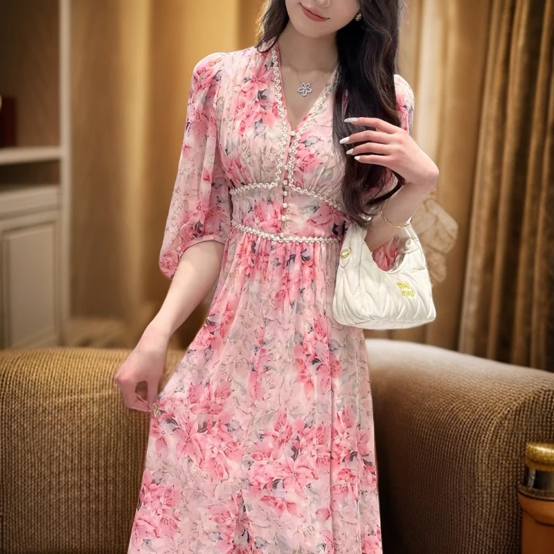 温柔风气质V领碎花超仙连衣裙女夏季法式雪纺浪漫复古穿搭长裙子
