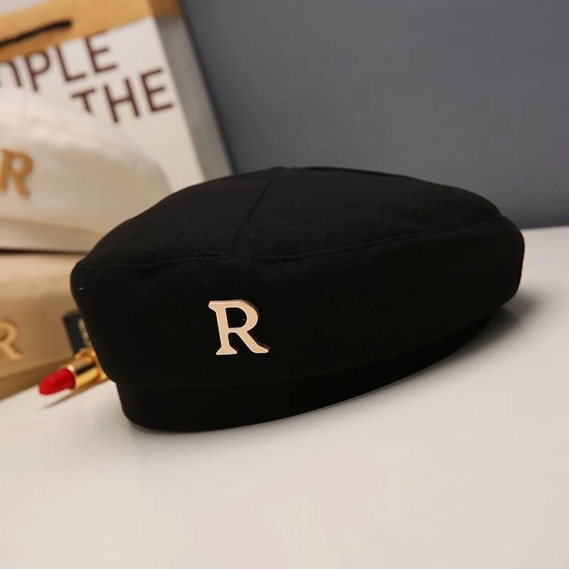 甜酷大小姐~2023时尚R字母贝雷帽子女秋冬季韩版潮复古百搭贝雷帽