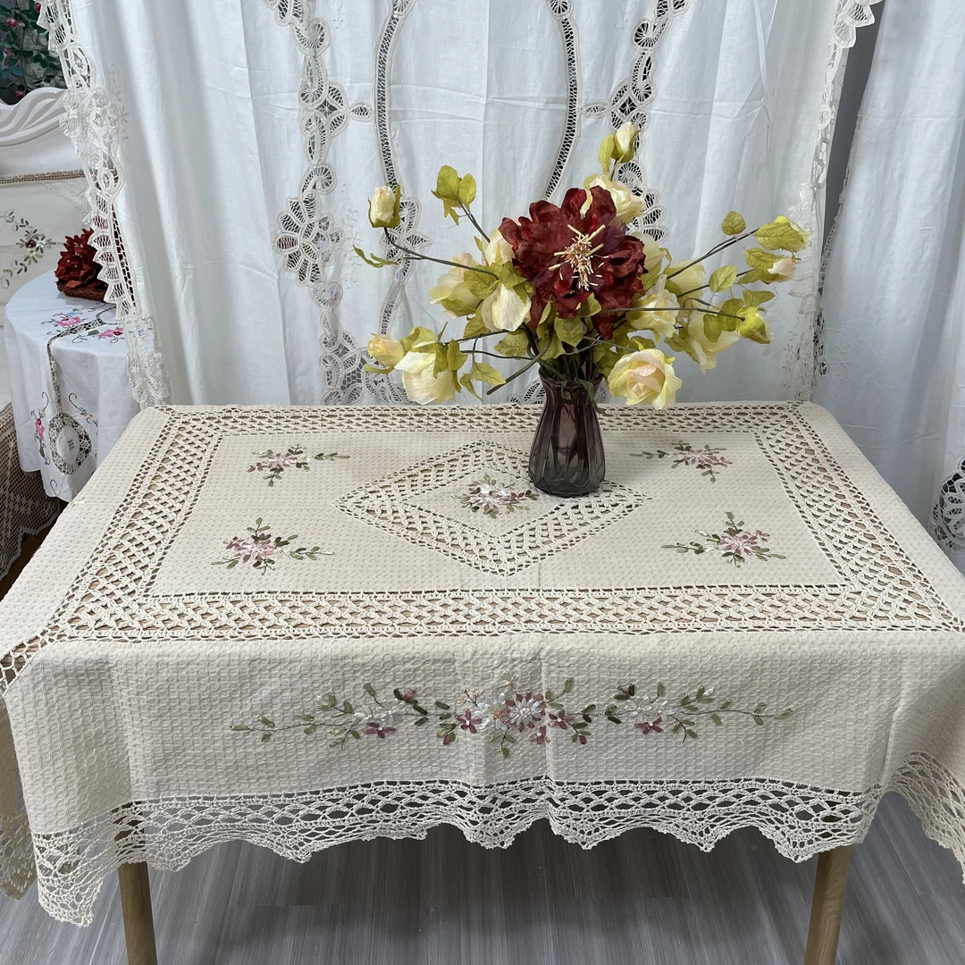 DY190-6棉质（130*180cm长方）米色手工丝带绣花钩针长桌布