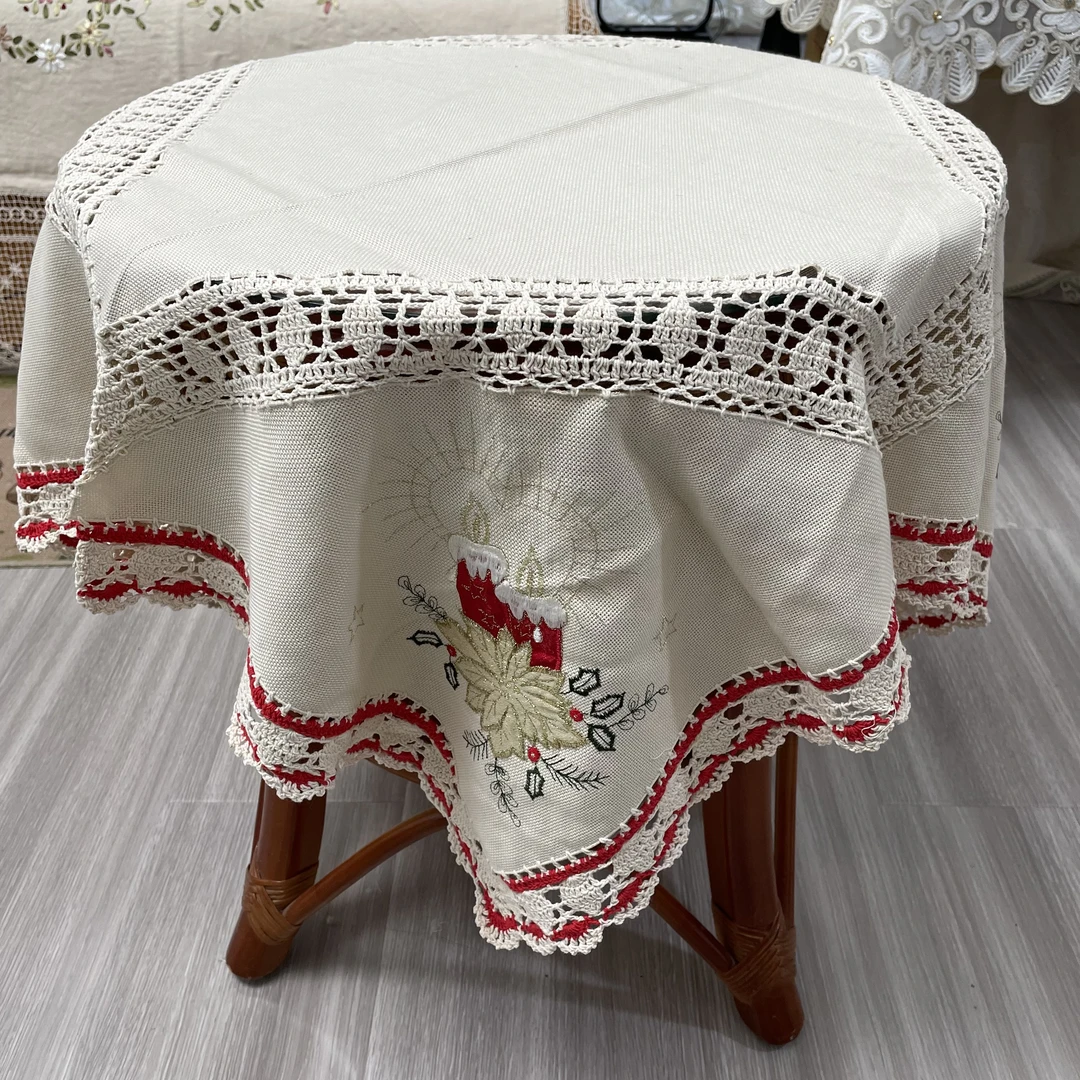 DY196-21竹节麻（85cm方）米色刺绣盖巾