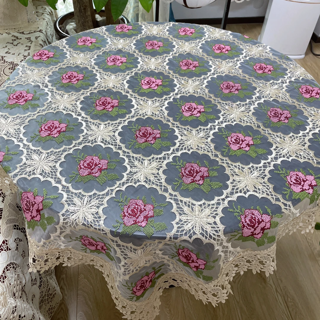 DY023-39玻璃纱(130*130CM ）米色粉玫瑰花刺绣桌布