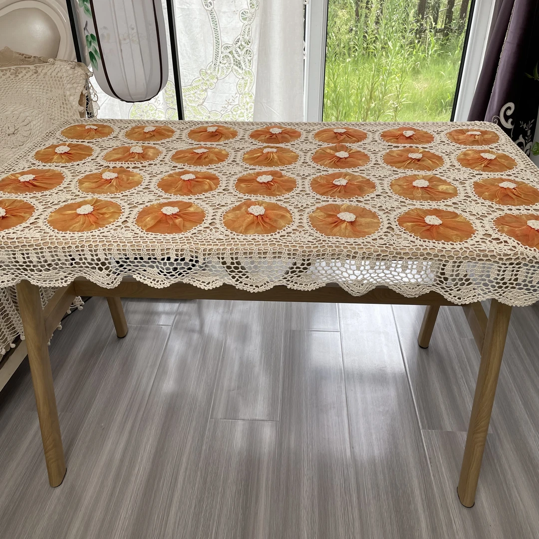 DY135-3棉质（90*140CM长方)橙色手工钩针泡泡纱红长桌布