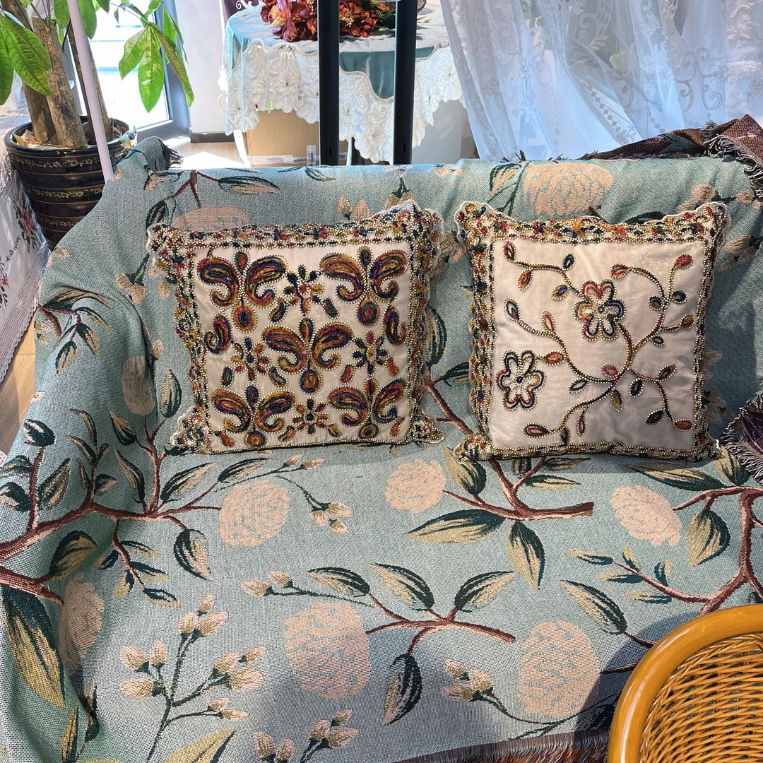 DY246-4棉麻质（130*180cm长方）天空蓝栀子花休闲毯桌布