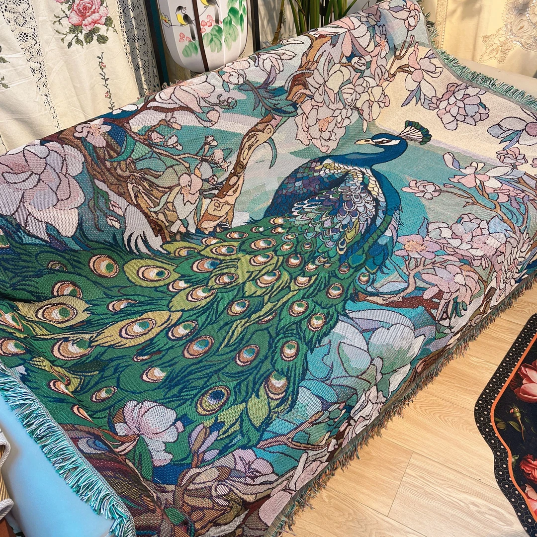 DY246-3棉麻质（130*180cm长方）孔雀盖巾简约休闲毯桌布